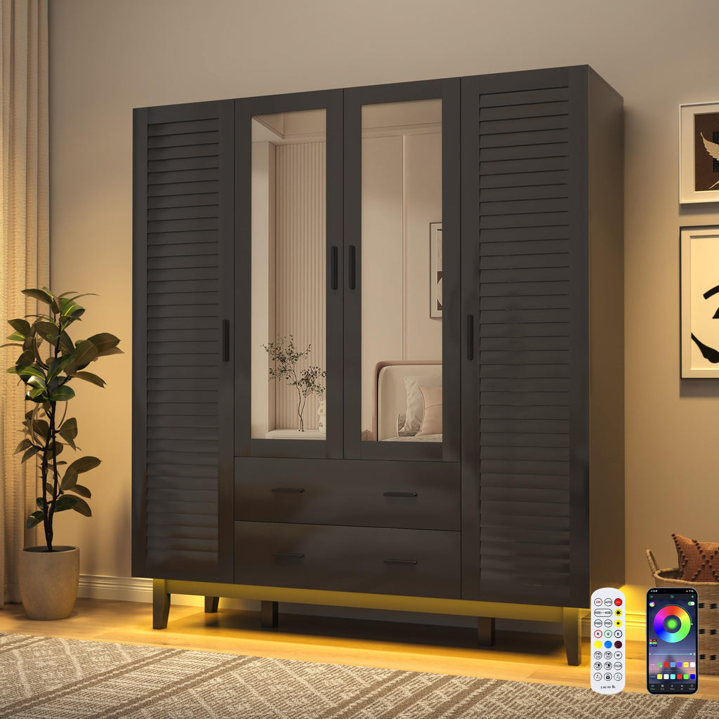 4 Door Armoire Wardrobe Closet Cabinet with Drawers and LED Lights, Multi-Tier Shelves, Hanging Rod & Louver Doors