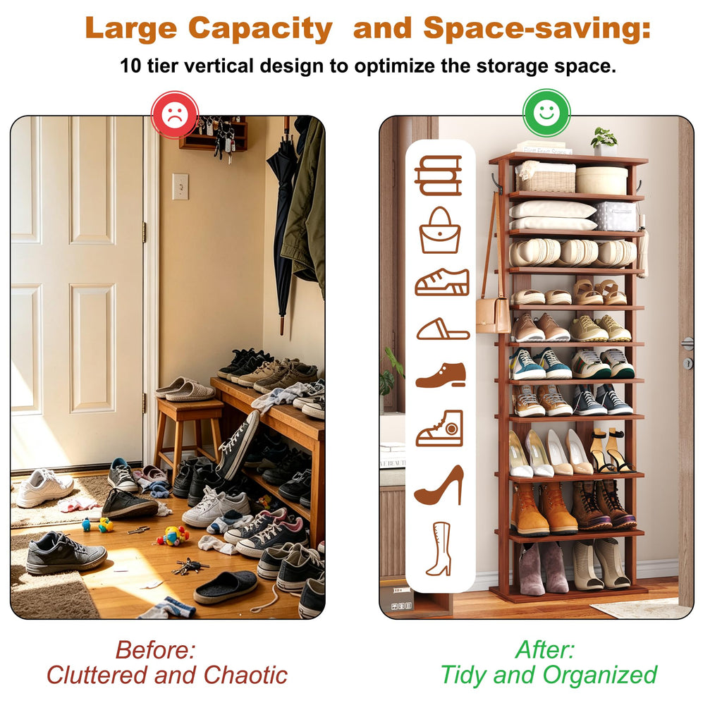10-Tier Corner Shoe Tower - Double Rows, Slim Shoe Stand for 20 Pairs - Entryway, Hallway, Closet (Walnut)