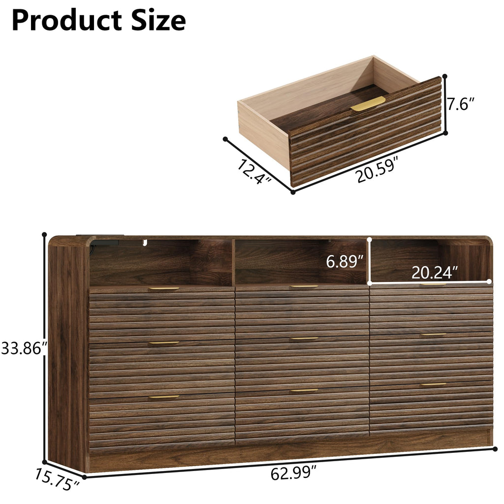 63'' Wide Fluted 9 Drawers Dresser with 3 Cubbies, LED Dressers & Chests of Drawers with Power Outlet, Modern Fluted