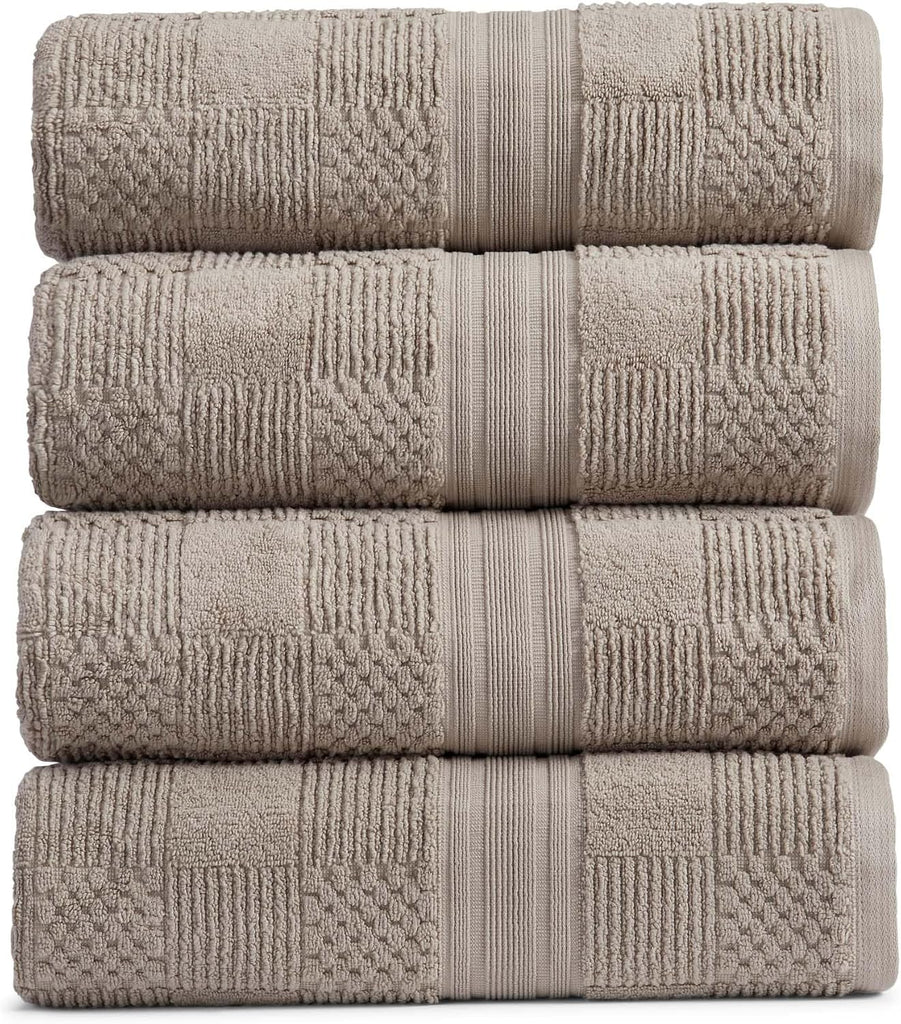 100% Cotton Bath Towel Set | 4-Pack | Textured | Brown | Luxury Geometric Design | Absorbent & Quick-Dry Bathroom