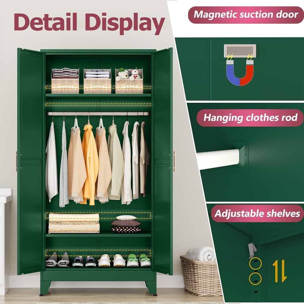 Metal Wardrobe Cabinet with Hanging Rod, Clothing Storage Cabinets | with 2 Doors and Adjustable Shelves, 71" Metal