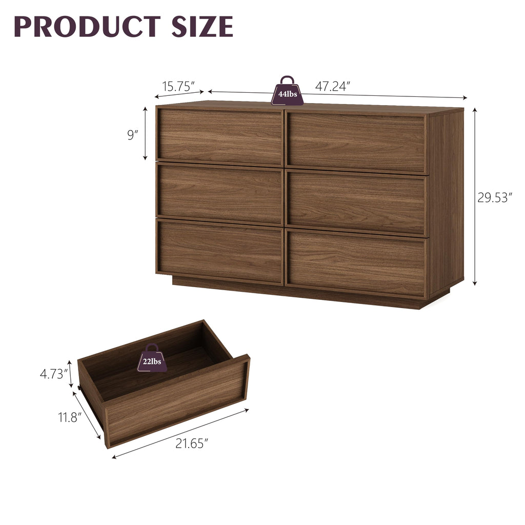 6-Drawer Dresser, 47.2" Wide, Wooden, Light Walnut