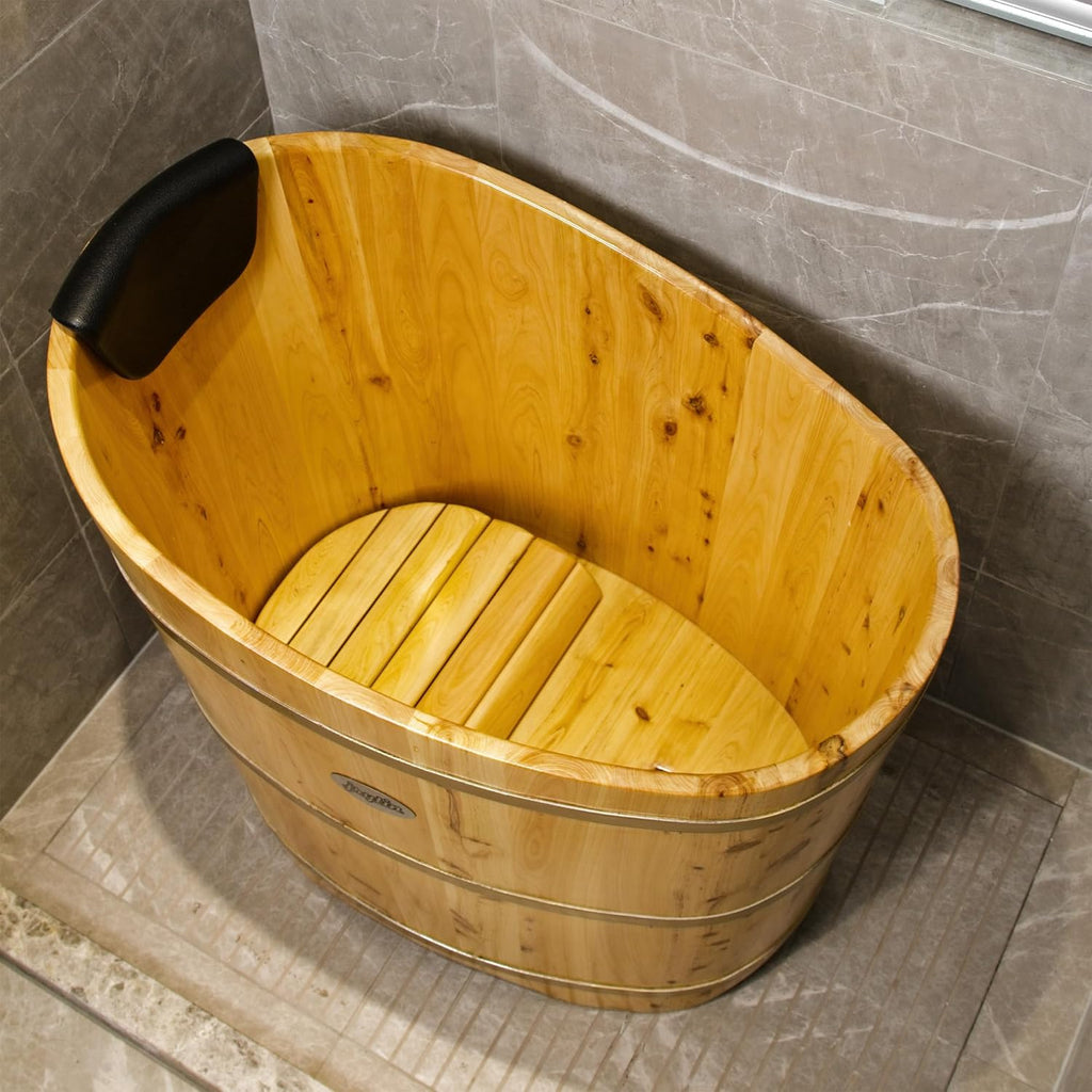 34 Inches Small Handcrafted Free Standing Wooden Bathtub, Portable Deep Soaking Tub for Relaxation, Natural Cedar Wood