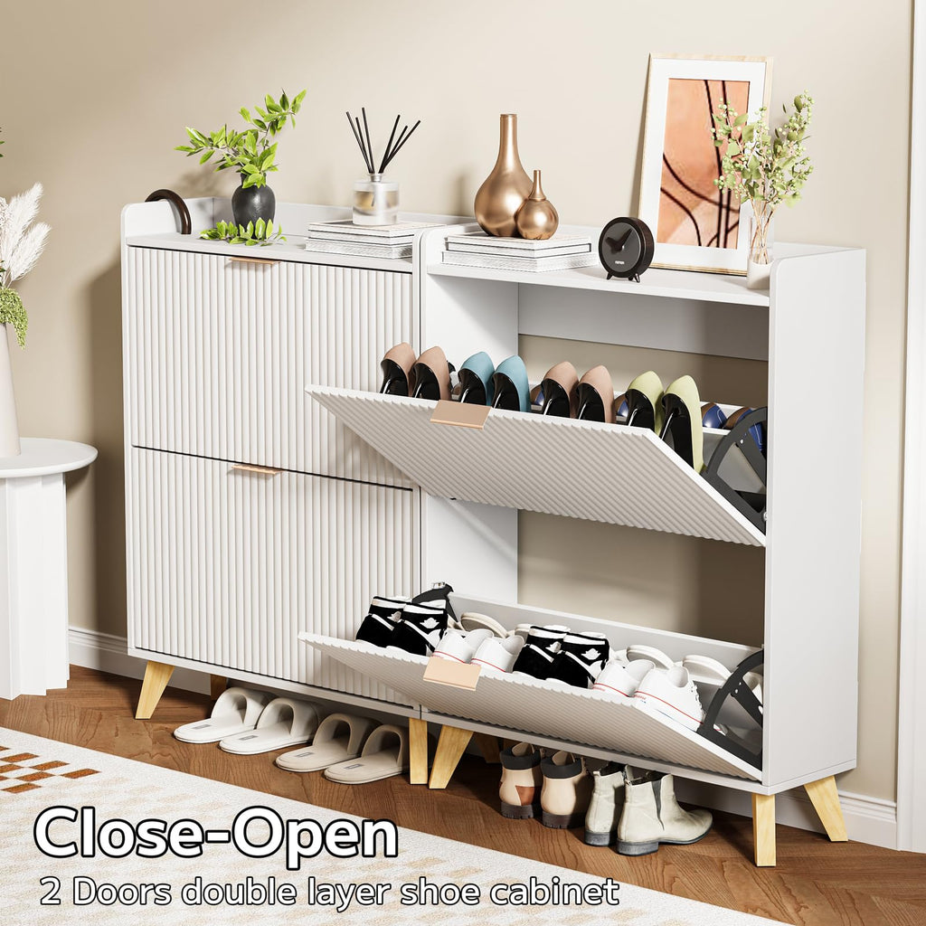 Slim Shoe Storage Cabinet, 2 Flip Drawers Wood Shoe Organizer with Fluted Panel, Secure Fence Top for Plants &