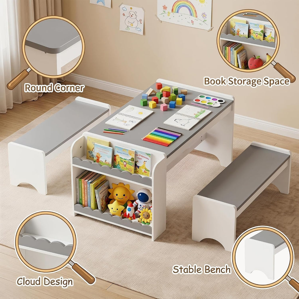 Kids Table and Bench Set, Montessori Kids Table and Chair Set, Indoor Wooden Toddler Activity Table with Bookshelves