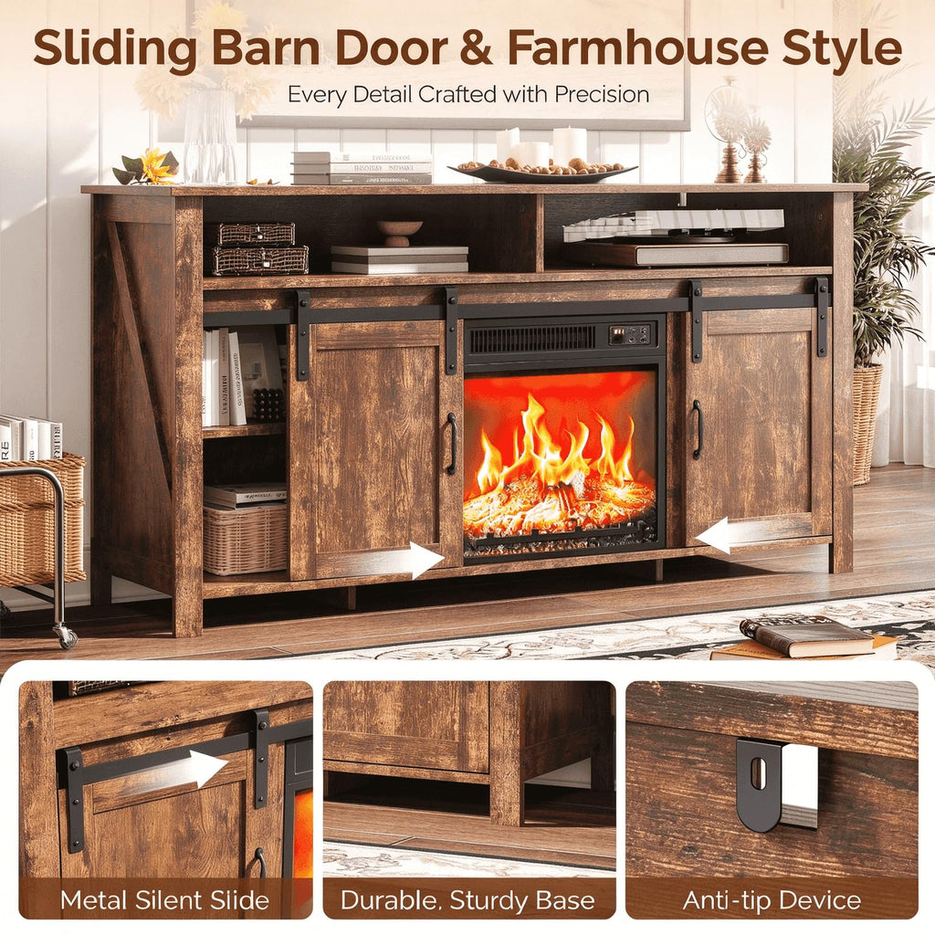 58" Fireplace TV Stand for up to 65" TVs, 1 Package, Farmhouse Brown