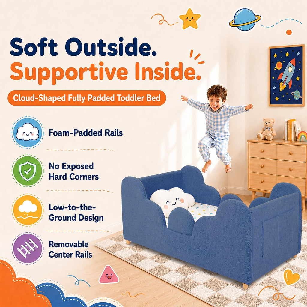 Toddler Floor Bed, Soft Montessori Bed with Removable Rails