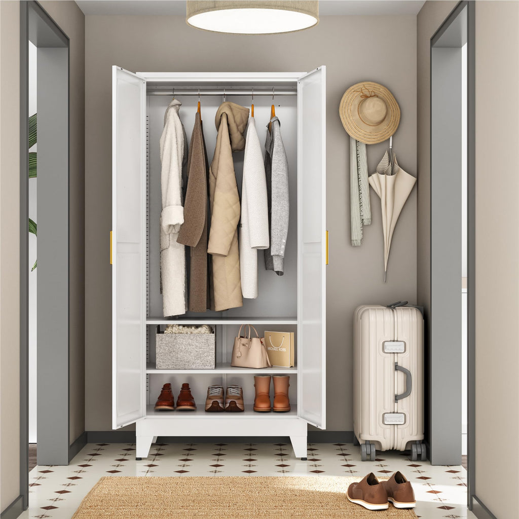 Metal Wardrobe Closet with Doors and Shelves, 71" Farmhouse Bedroom Armoire with Hanger Rod and Clothing Shelf, White
