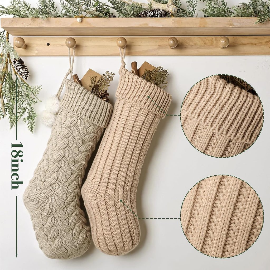 S: 5 Pack 18 inch Farmhouse Plush Faux Fur & Cable Knitted Fireplace Xmas Stockings, Hanging Gifts Cozy Personalized - Set of 5