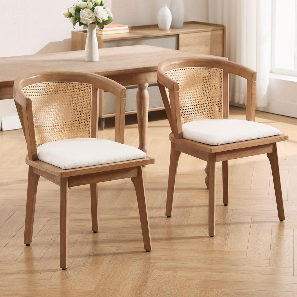 Rattan Dining Chairs Set of 2, Mid Century Modern Farmhouse Wood Dining Room Chairs, Upholstered Comfortable Kitchen