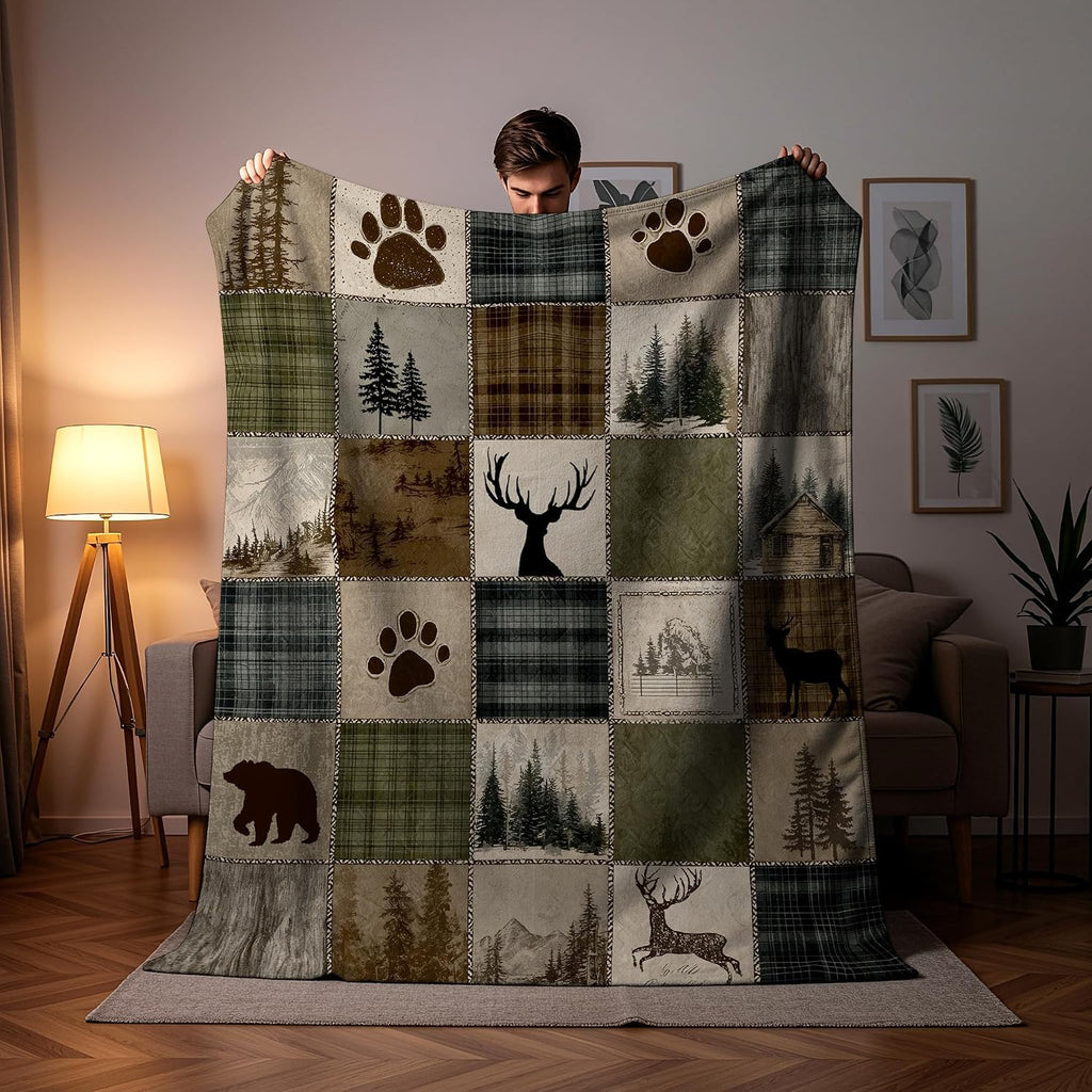 Rustic Cabin Forest Vintage Patchwork Plaid Blanket, 60x80 Inch