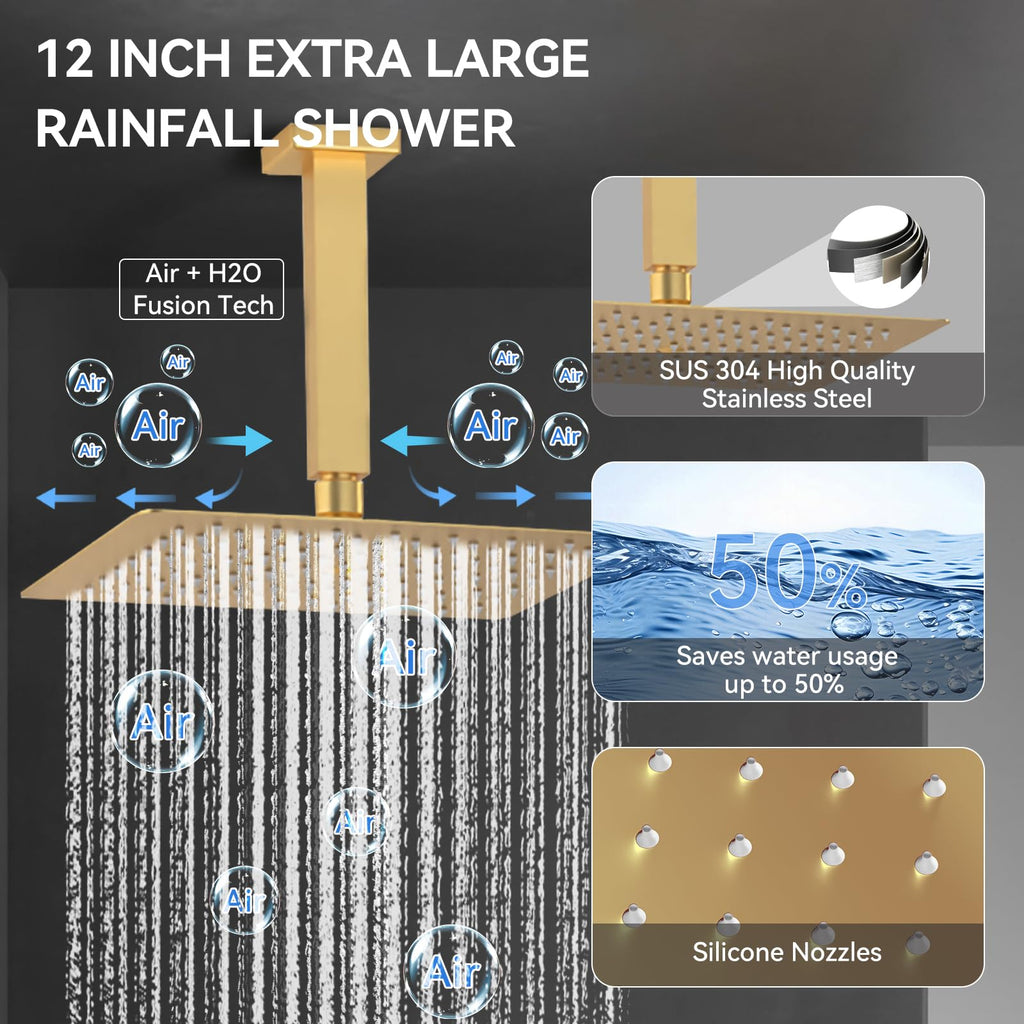 Brushed Gold Shower System with Body Jets, 4 Way Shower Faucet Set with 2 in1 Handheld,Ceiling Mount 12 Inch Shower