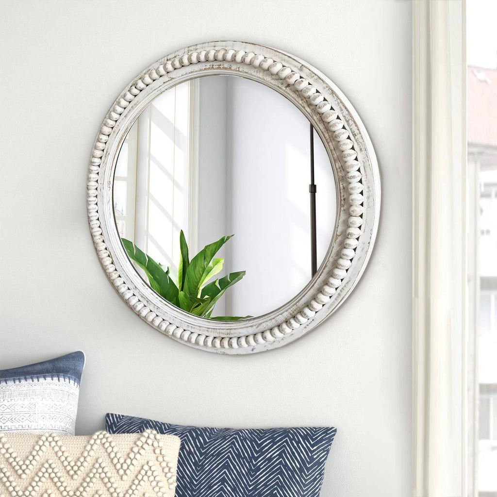 Rustic Round Wall 24 Inch Wood Circle Mirror with Beads, Decorative Farmhouse Mirror (White)