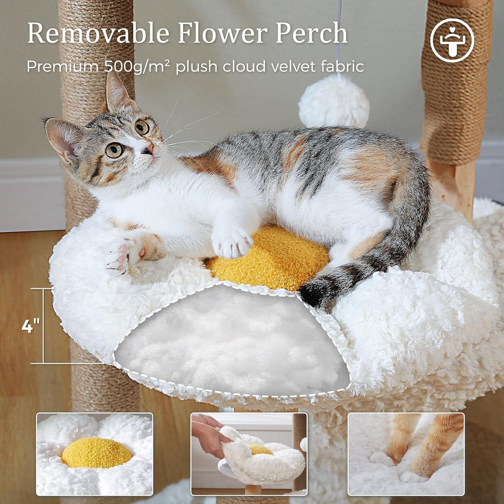 Boho Cat Tree for Large Cats, 48.5" Flower Cat Tower, White