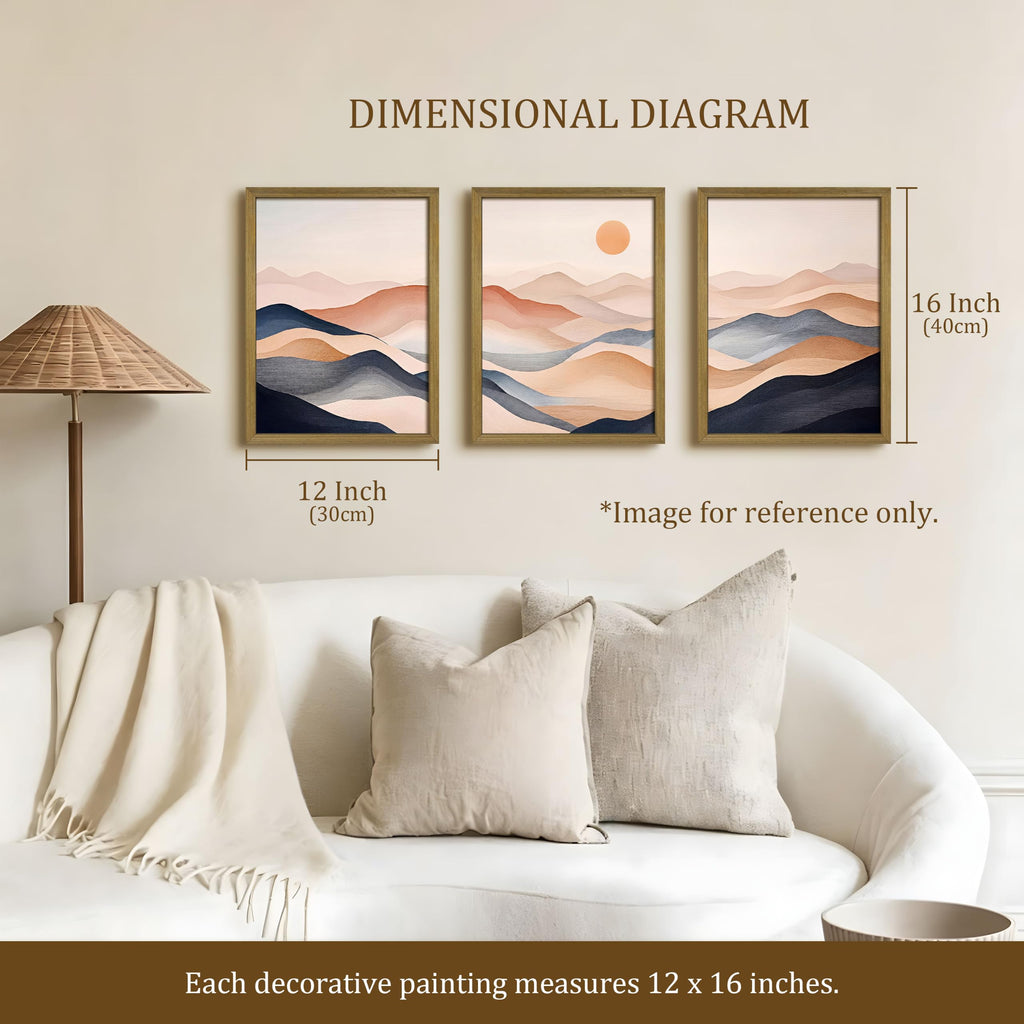 Vintage Abstract Mountain Wall Art Set of 3 Canvas, Neutral Desert Landscape Framed Poster, Retro Boho Painting for
