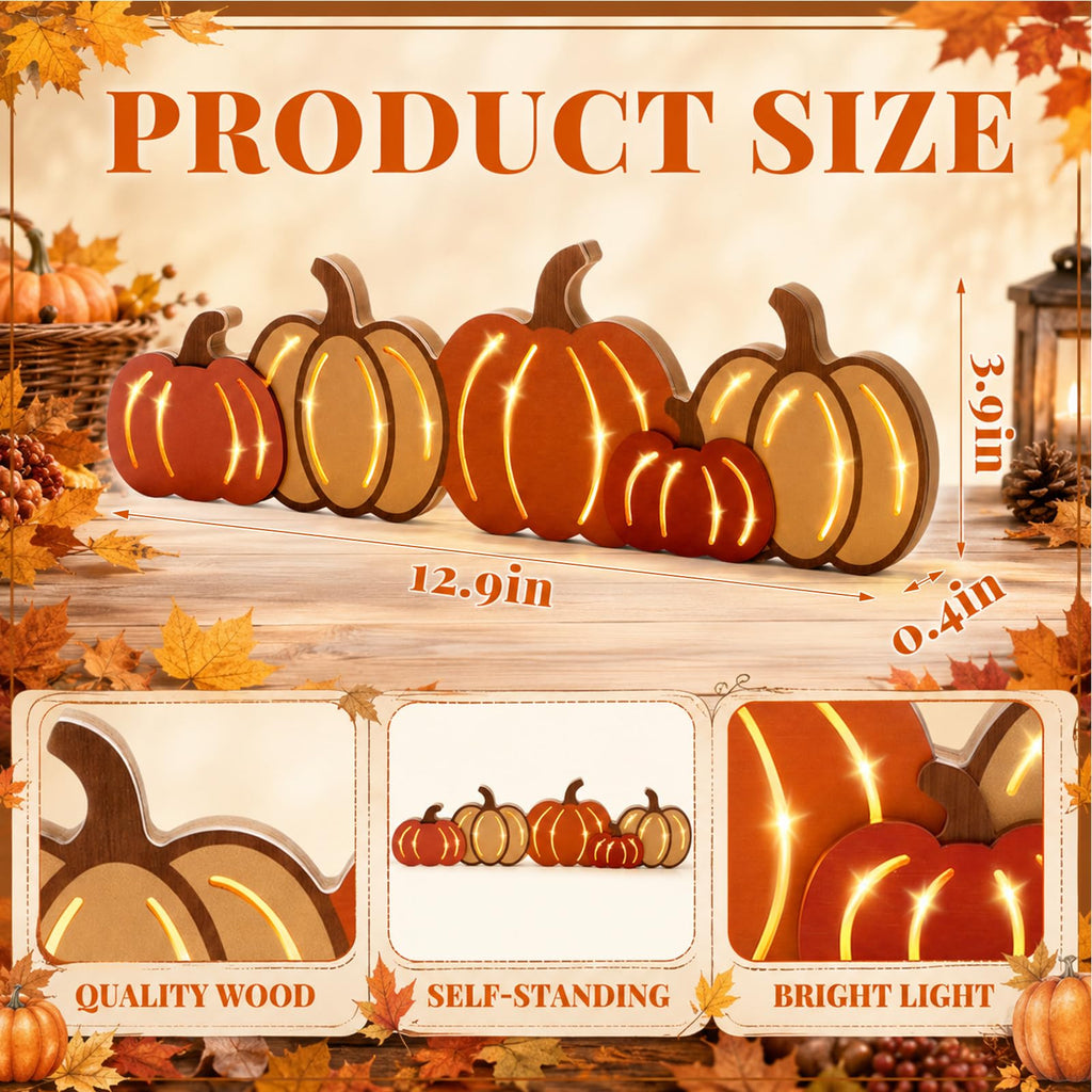 Fall Pumpkin LED Wooden Sign Rustic Wooden Word Sign for Table Home