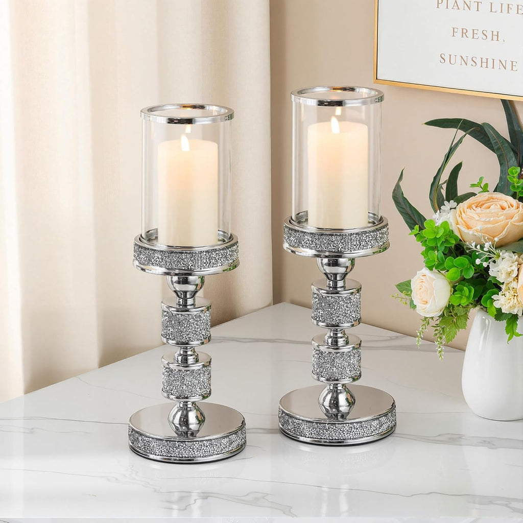 Hurricane Candle Holder, 13.5" Tall Metal Candle Stand, Glass Pillar Candle Holders, Crystal Silver Decorative