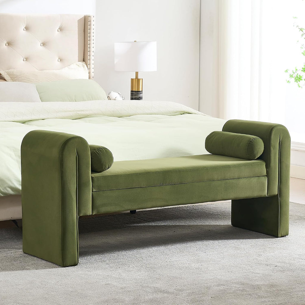 Modern Velvet Bench End of Bed, 60.5" Upholstered Rolled Armed Button Tufted Stool Bench with Storage, Sofa Ottoman