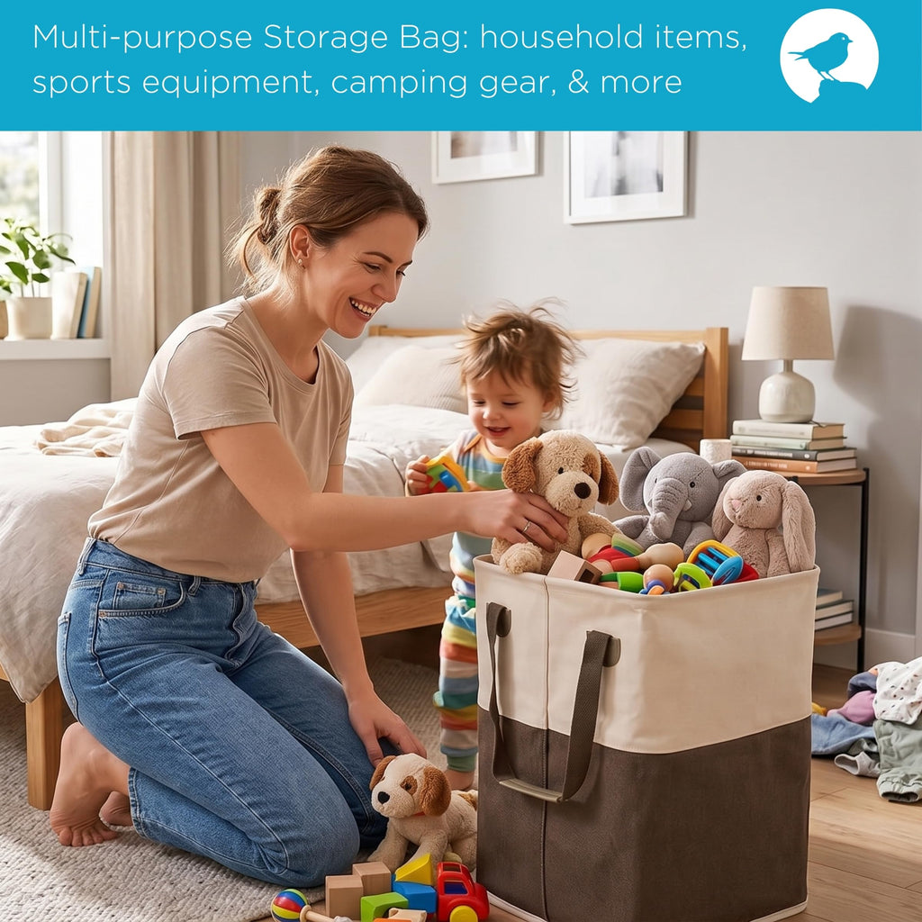 Square Cloth Laundry Hamper with Handles - Dirty Clothes Sorter - Easy Storage - Foldable - Brown and White Canvas