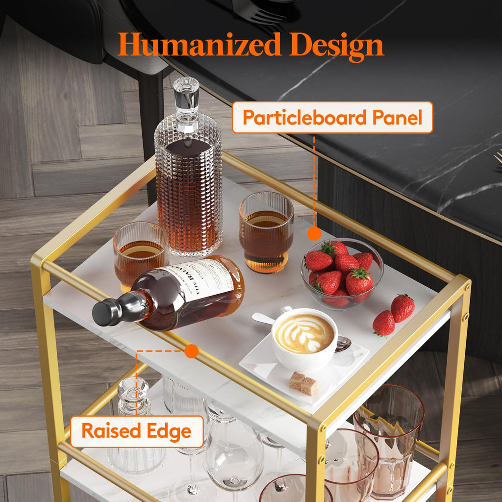 Mini 3 Tier Rolling Bar Cart with Lockable Wheels, Gold