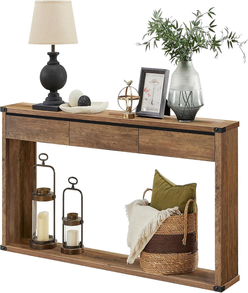 Sofa Console Table, 47.2 Inches Narrow Entryway Table with 3 Drawers, Bottom Shelf, Metal Corners