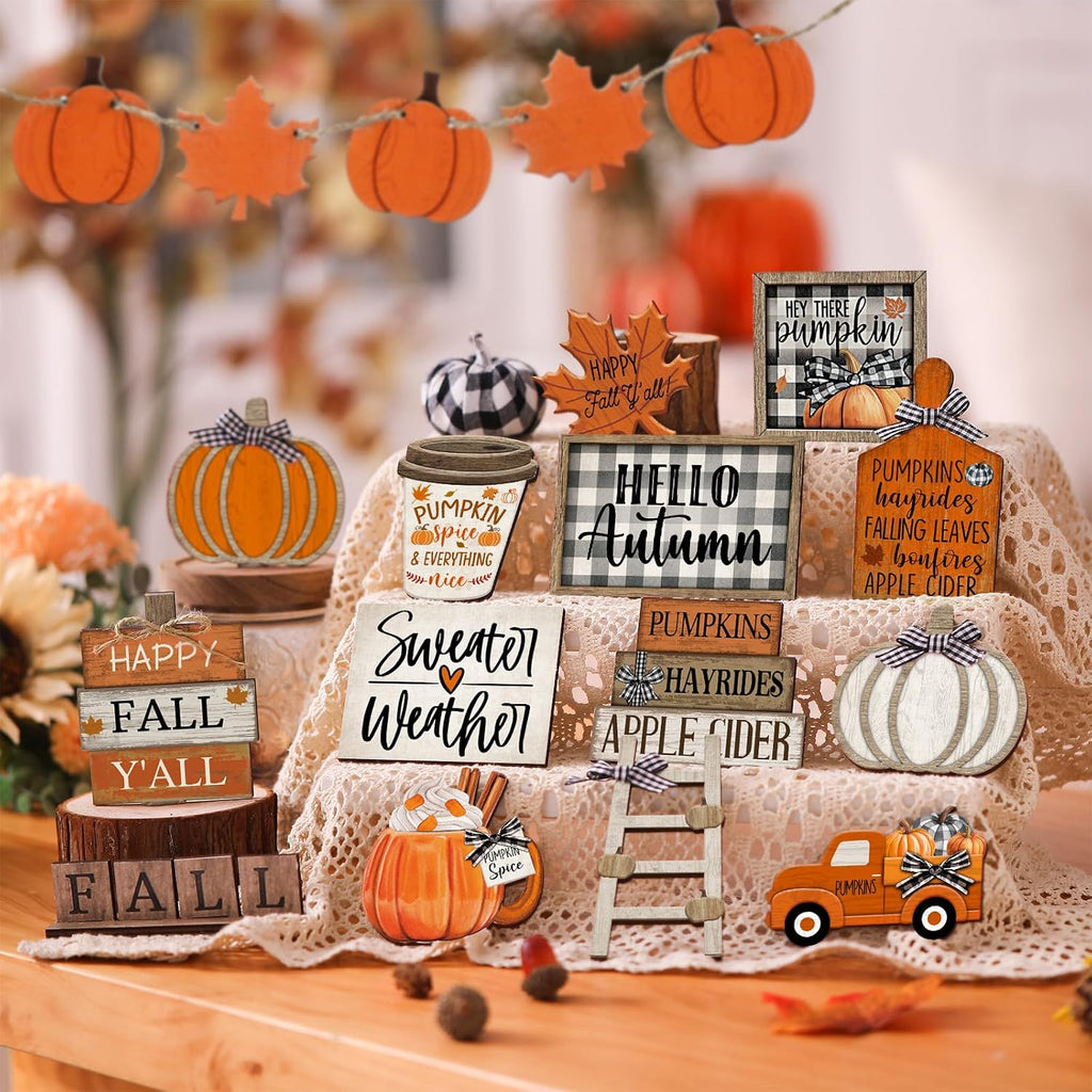 Fall Tiered Tray Decor Set Hello Autumn Table Sign Thanksgiving Farmhouse Pumpkins Maple Leaves Table - Set of 21