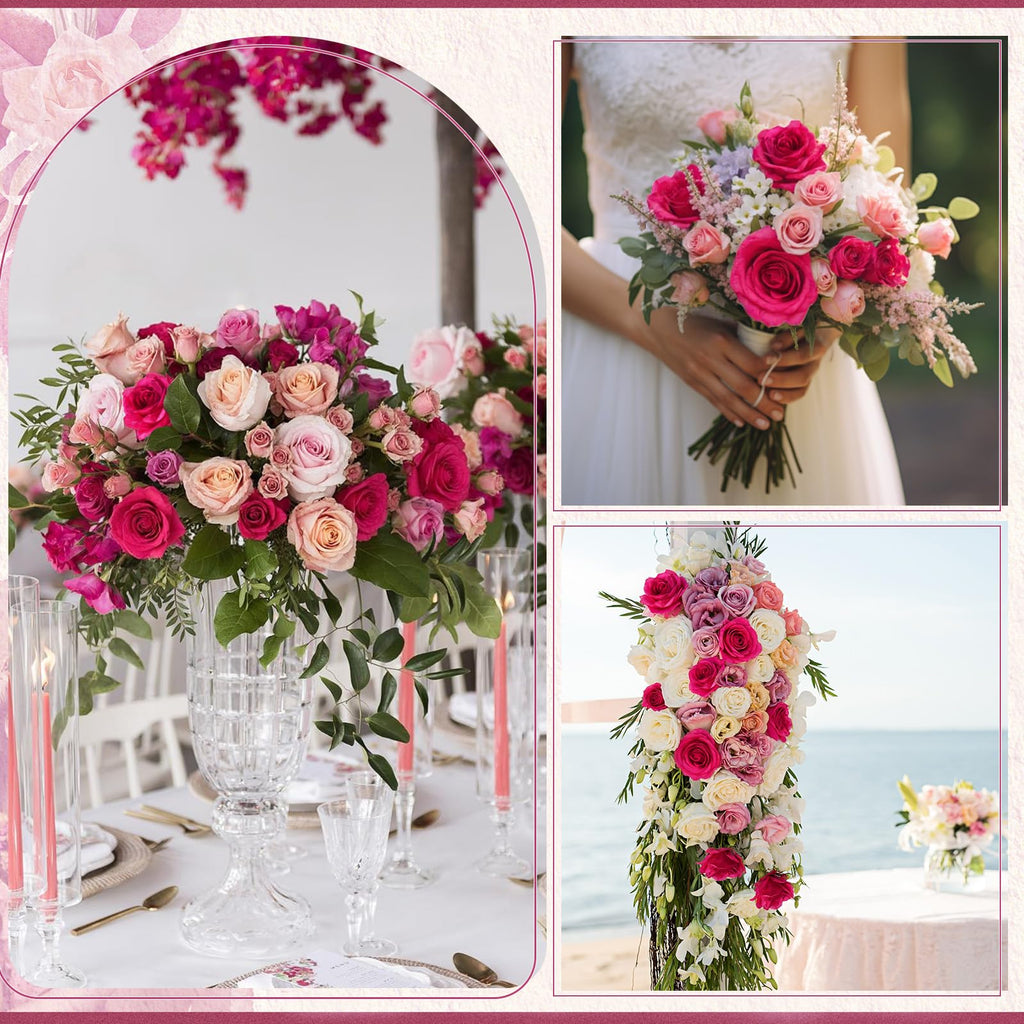16 Pcs Fuchsia Roses, Long Stem Fake Roses Artificial Flowers, Silk Flowers Bouquet for Valentines Mothers Day