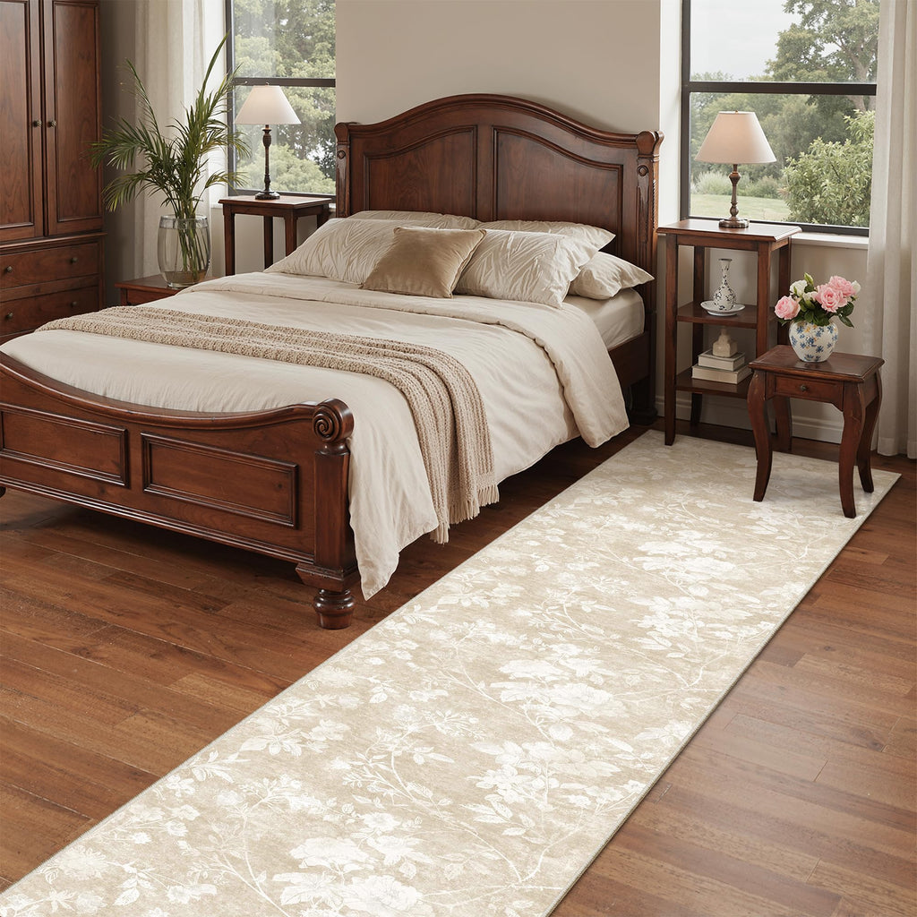 Washable Runner Rug 2x12, Neutral Floral Hallway Runner Rug Beige
