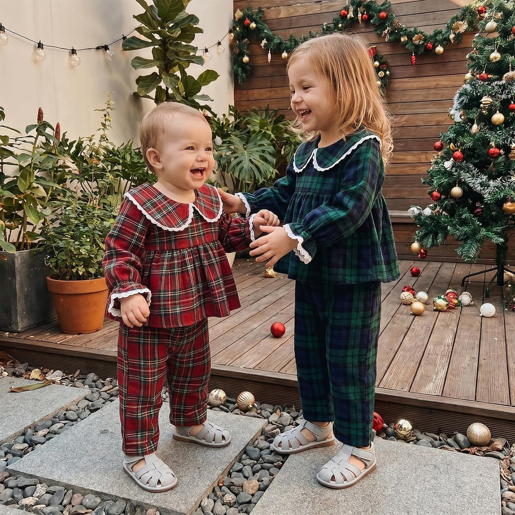Baby Girl Peter Pan Collar Outfit Gingham Top Pants Set Fall Winter Clothes
