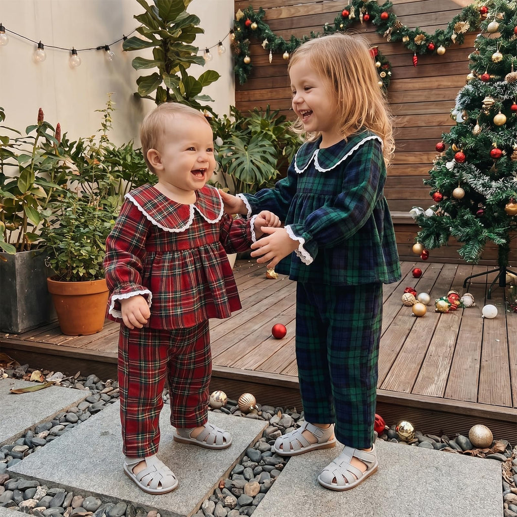 Toddler Girls Plaid Outfit Cute Peter Pan Collar Dress Tops Pants Matching Set Infant Girl Clothes (Red, )