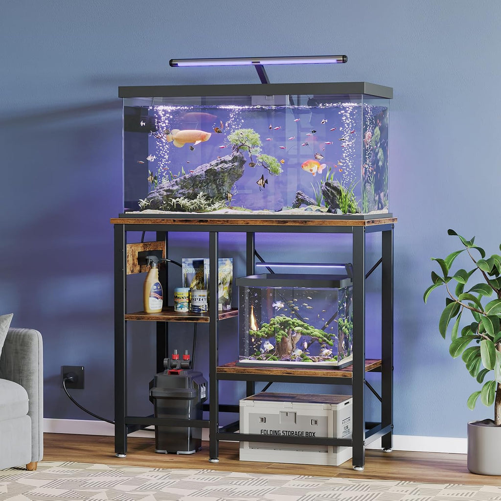 20-29-37 Gallon Fish Tank Stand with Power Outlet, Rustic Brown