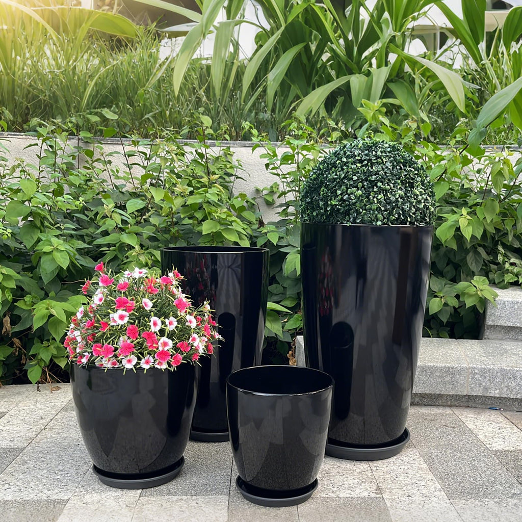 24/21/12/10" H Large Plastic Planters with Drainage Hole and Saucer -Set of 4 Tall Plant Pots for Indoor & Outdoor