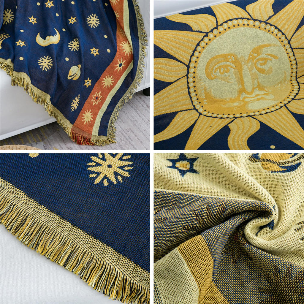 Hippie Throw Blanket Sun Moon Stars Boho Throw Blankets Celestial Tapestry Double-Sided Reversible Woven Cotton Home