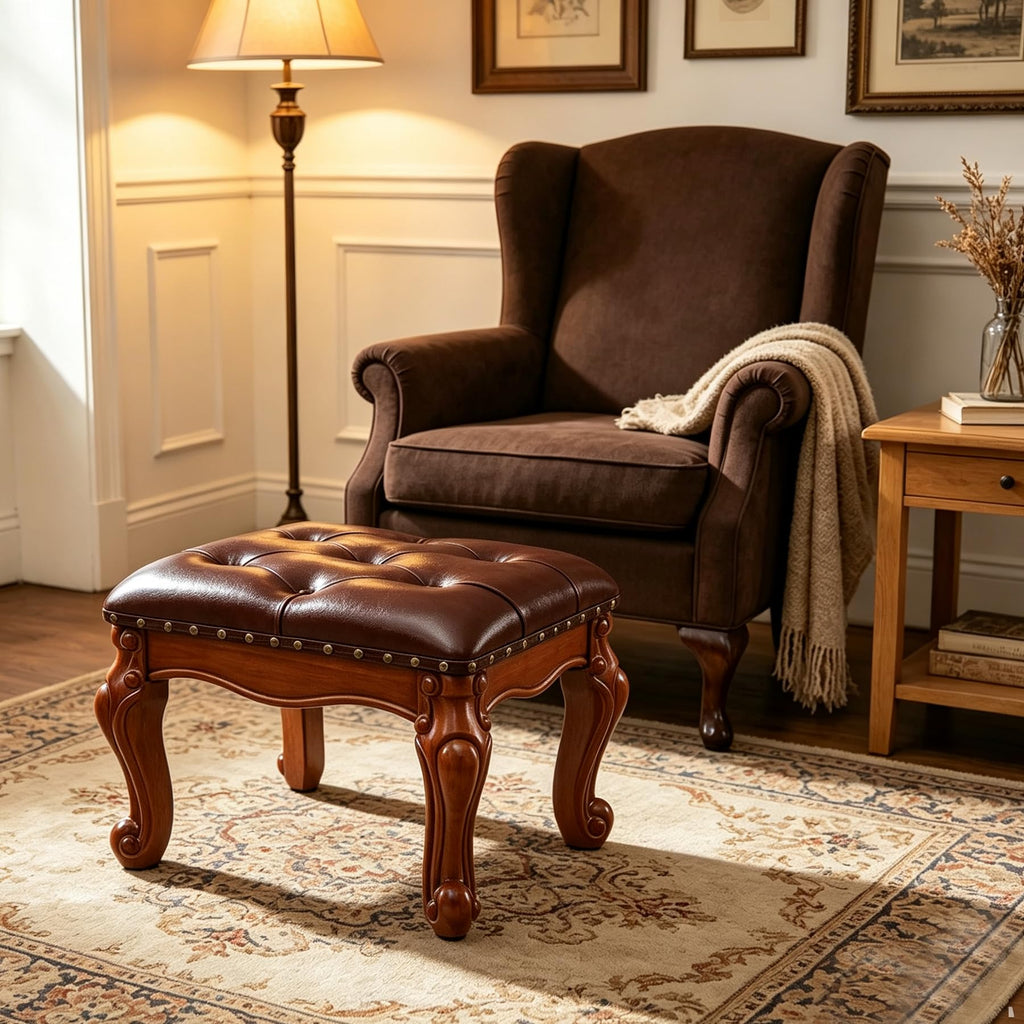 Solid Wood Footstool with Microfiber Leather Seat (Retro Brown)