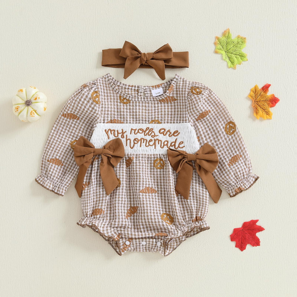 Girl Thanksgiving Outfit Plaid Romper Letter Embroidered Long Sleeve Onesie Headband 2 Piece Fall Set (My Rolls Are