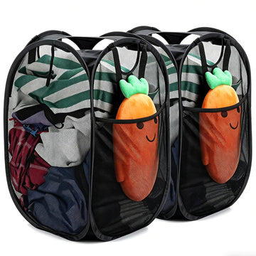 2 Pack Strong Mesh Pop Up Laundry Hamper, 70L Collapsible Laundry Basket with Steel Frame, Double‐Stitched Handles &