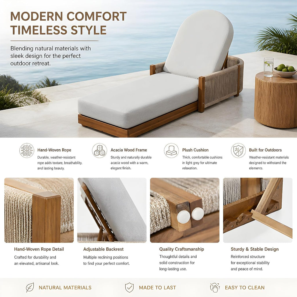 Set of 2 Acacia Wood Chaise Lounge Chair Outdoor with Handwoven Rope, Adjustable Backrest Sun Lounger Recliner
