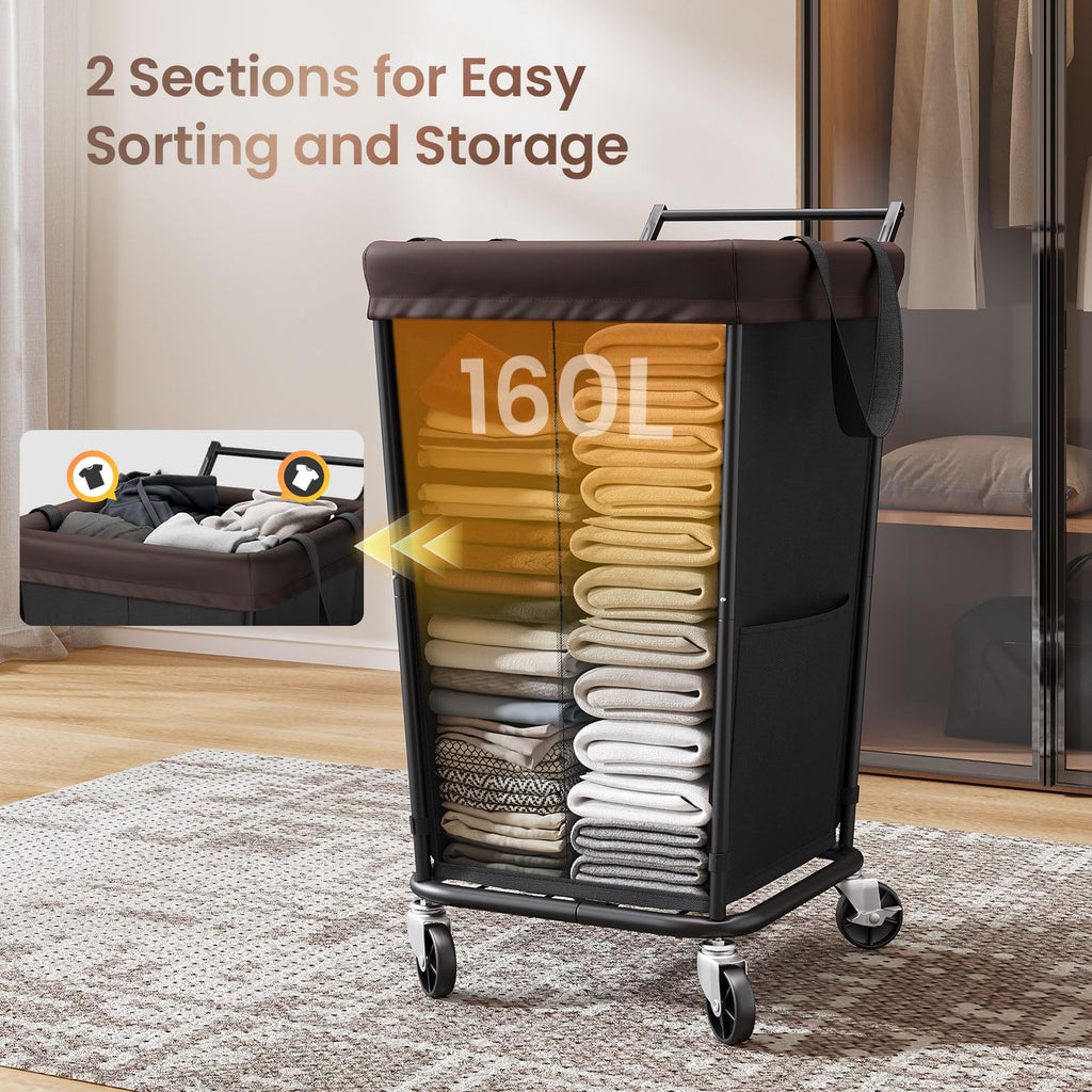 160L Laundry Hamper with Wheels and Handle, 2-Section Rolling Hamper for Laundry, Large Laundry Basket with Wheels