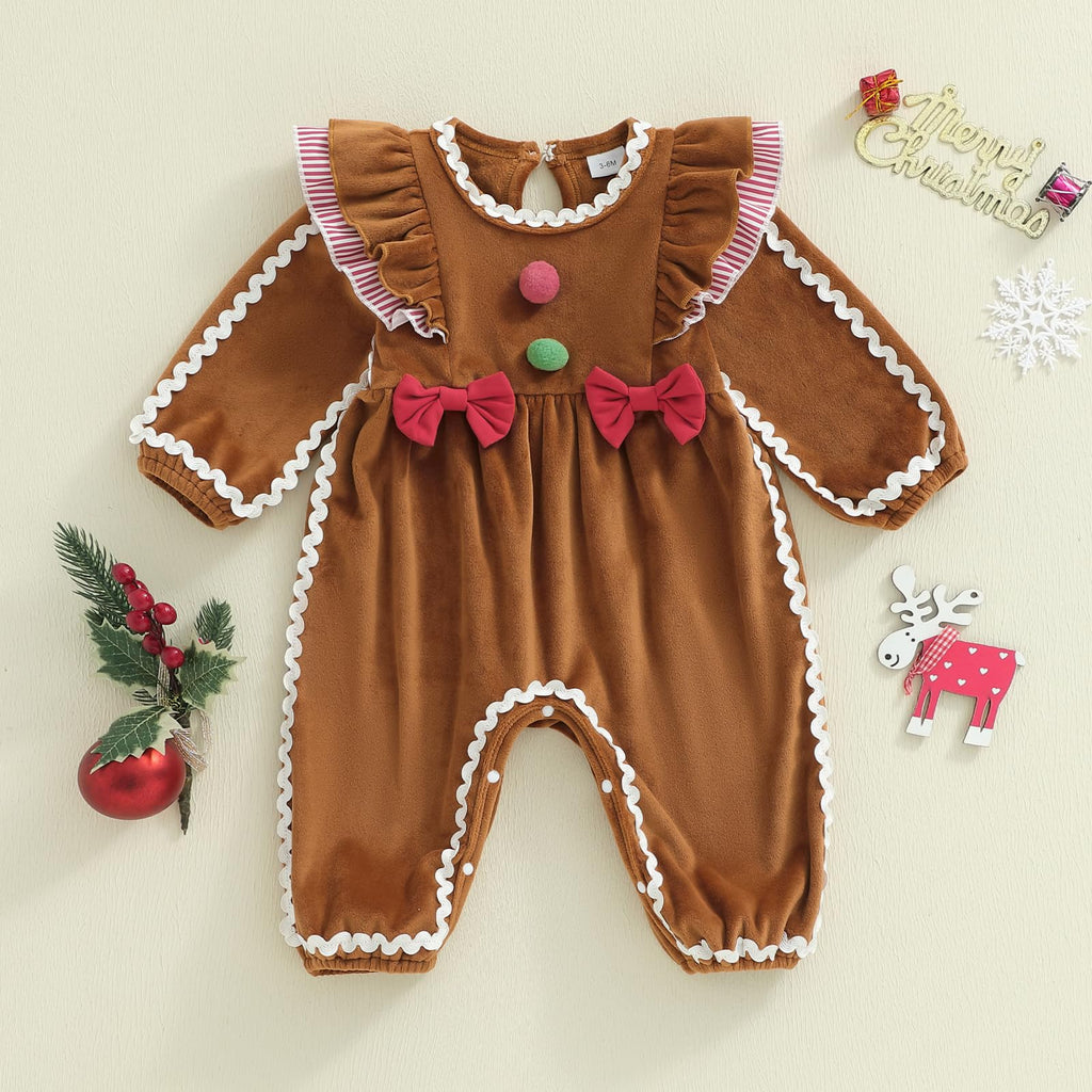 My First Christmas Baby Girl Outfit Gingerbread Man Romper jumpsuit Newborn Ginger Bread Bodysuit xmas clothes(Brown
