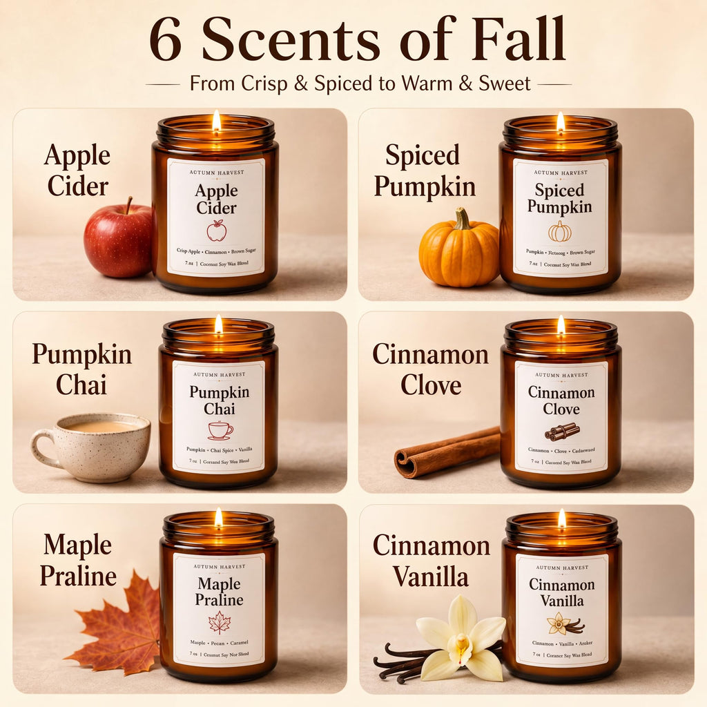 Fall Scented Candle Set of 6, 7 oz Soy Candles, Autumn Gift Set