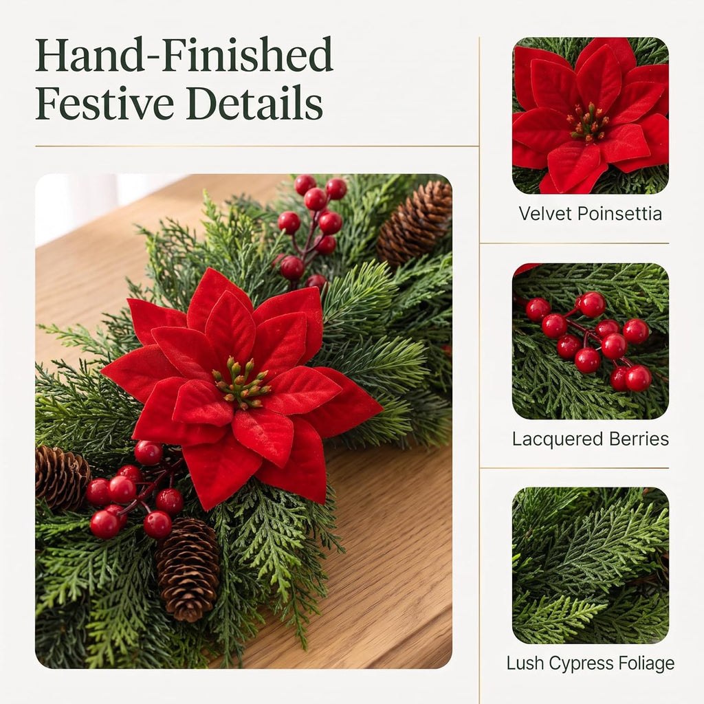 9FT Artificial Christmas Cedar Garland with Poinsettia,Pinecones