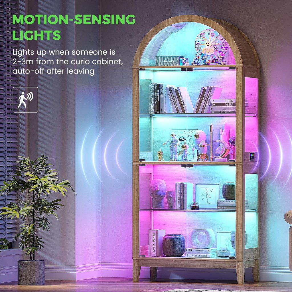 Arched Glass Display Cabinet with RGB Dimmable LED Lights, Natural | 5-Tier Bookshelf with Glass Doors, 69" Curio