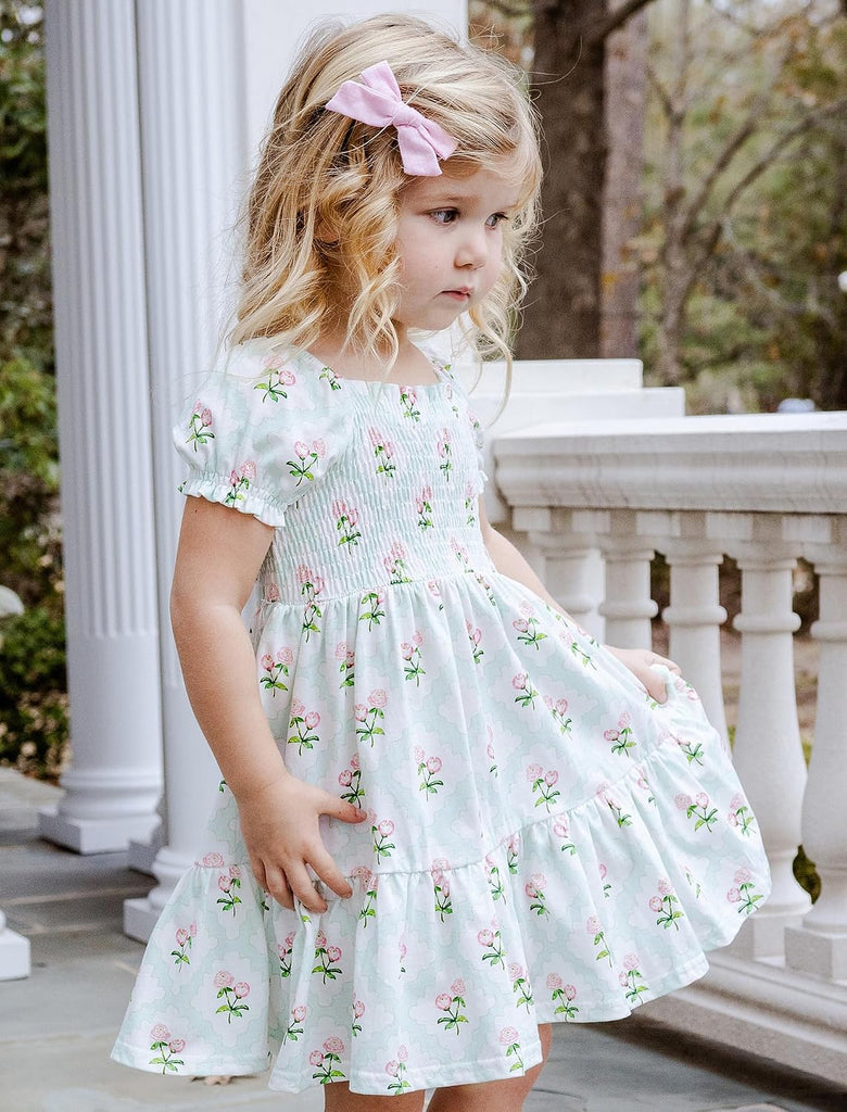 Toddler Baby Girls Summer Floral Dress Kids Puff Sleeve Square Neck Smocked Flowy Sun Dresses