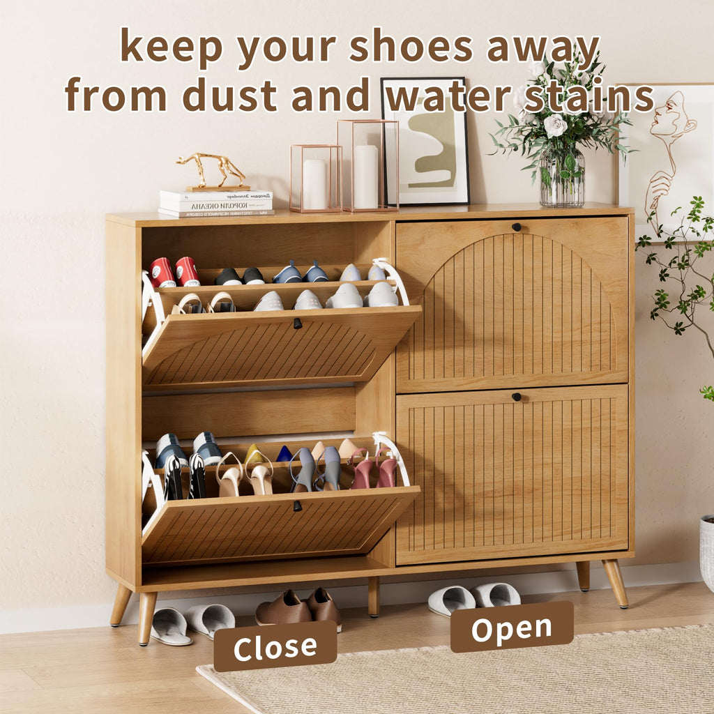 Shoe Storage Cabinet with 4 Fluted Flip Drawers, Oak