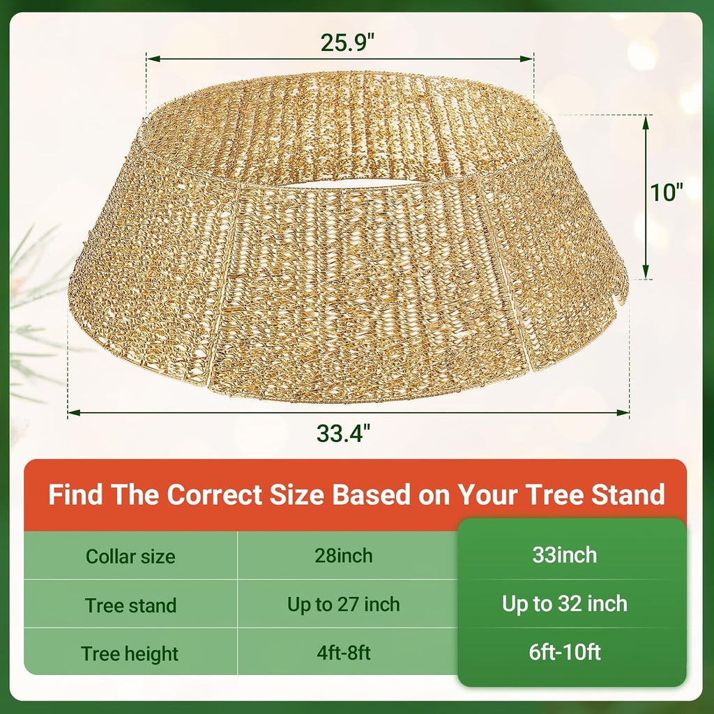 33 Inch Christmas Tree Collar, Gold Woven Xmas Tree Skirt for Artificial Trees, Tree Base Cover with Cord Cut-Out