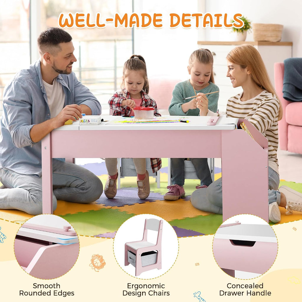 In-1 Kids Art Table and Chairs, Wood Toddler Table and Chair Set with Storage Drawers, Craft Play Desk for Kids