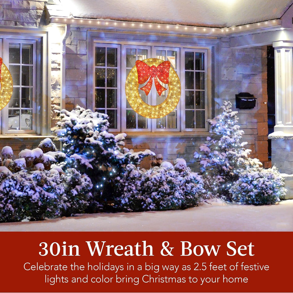 30in Pre-Lit Outdoor Christmas Wreath Decoration, LED Metal Holiday Decor w/ 100 Lights, Bow - Gold/Red