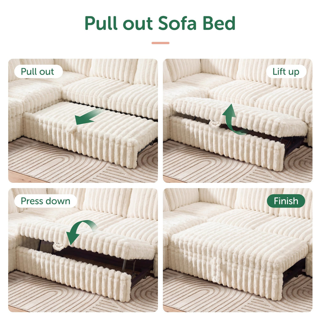 Plush Corduroy U Shaped Sectional Sofa with Pull Out Bed, Plush Beige