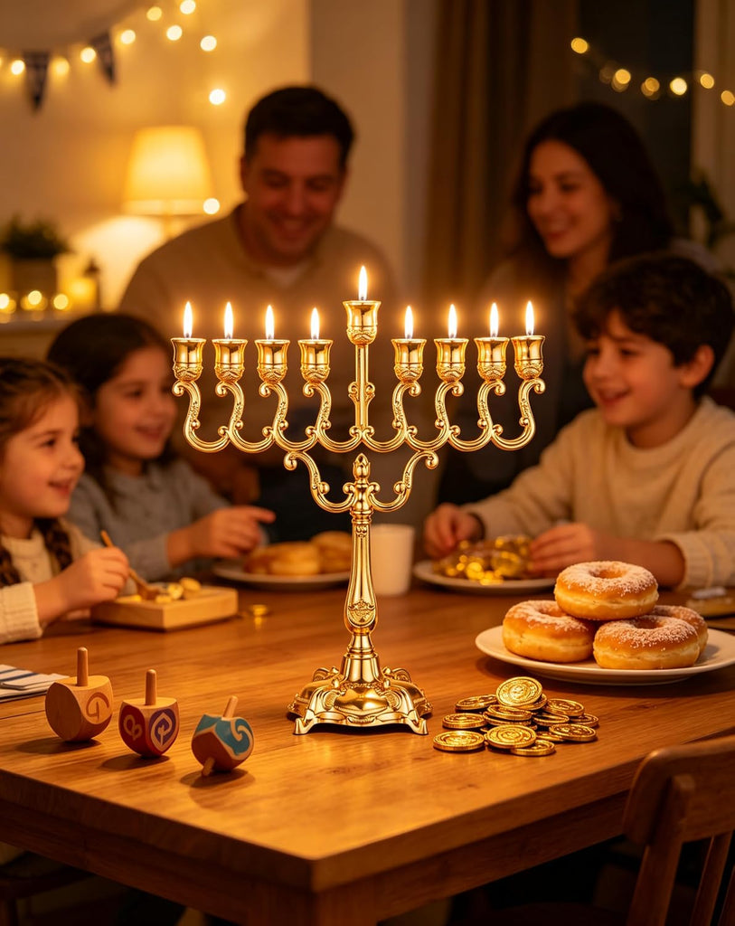 ‌9 Branch Gold Hanukkah Candle Holder Jewish Menorahs