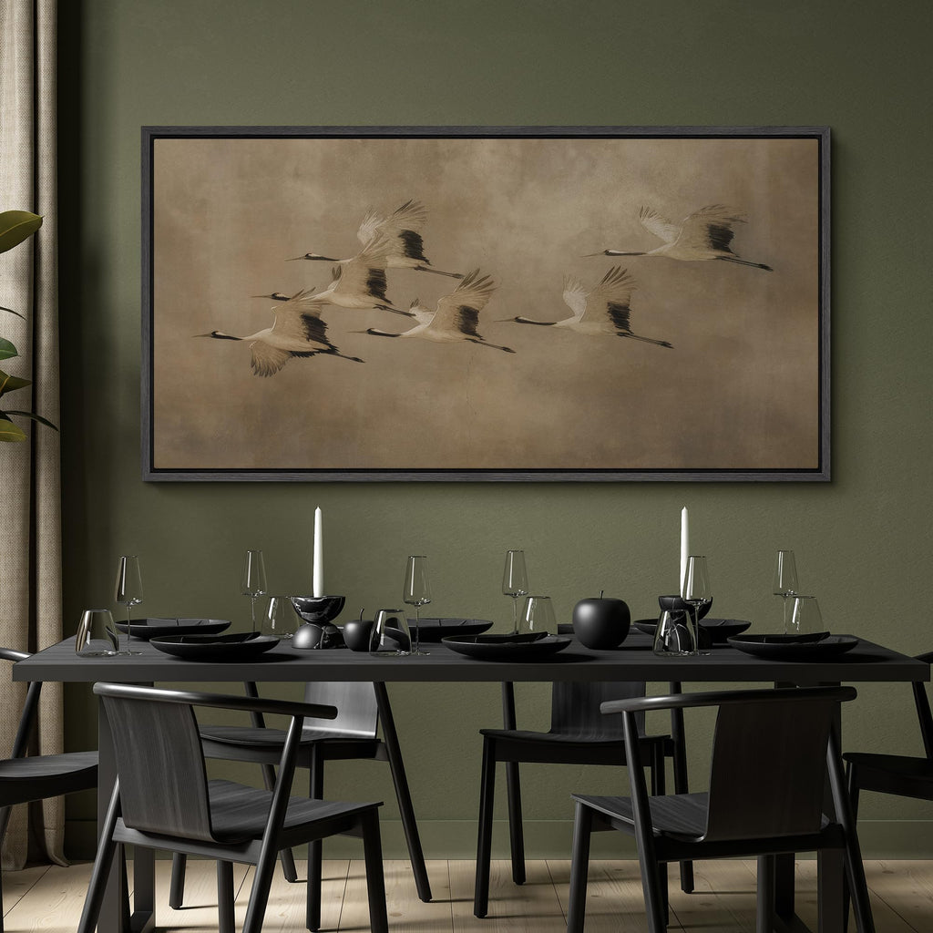 Extra Large Framed Canvas Print Wall Art Elegant Flying Cranes in Warm Beige Sky Illustrations Retro Fine Art